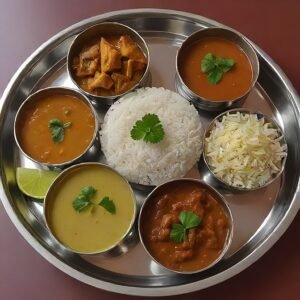 1 Sweet, 1 Farshan, 1 Chart, 4 Sabji, Bajri Rotla, Chapati, Khichdi-Kadhi, Chaas
